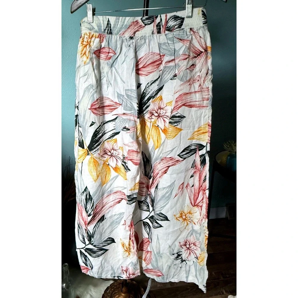 Linen Cropped Wide Leg Resort Pants Tropical‎ Floral Size L Coastal Boho